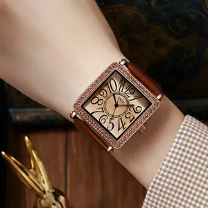 Vintage luxury rectangular quartz watch for women with sparkling rhinestones and brown strap