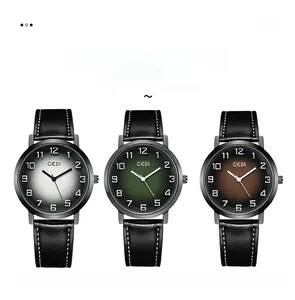Three men's quartz watches with black leather straps in white, green, and coffee dials