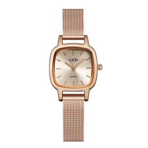 Montre quartz carrée pour femme en or rose avec cadran soleil et bracelet maille