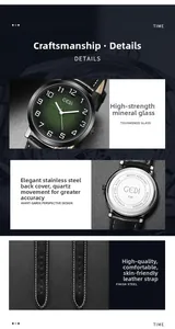 Detail view of quartz watch featuring dark green dial, steel back and leather strap