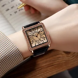 Elegant vintage square quartz watch for women with rose gold diamond bezel and black leather strap