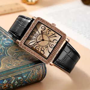 Retro vintage square women's quartz watch with diamond bezel and black leather strap