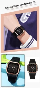 Gros plan d'une montre carrée en or rose avec bracelet en silicone noir et dateur
