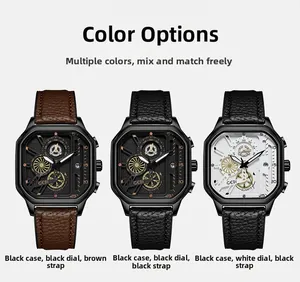 Trois montres GEDI carrées pour hommes avec cadran mécanique et bracelet en cuir