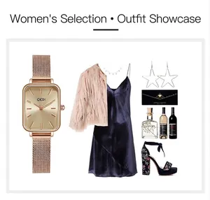Montre rectangulaire élégante en or rose stylisée avec accessoires et vêtements chic