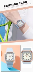 Gros plan d'une montre à quartz carrée avec guichet de date et bracelet en silicone bleu