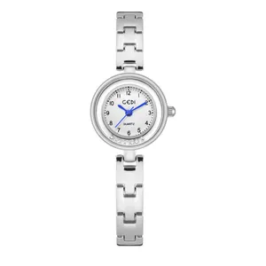 Elegant silver quartz watch with a white round dial, blue hands, and a metal chain bracelet