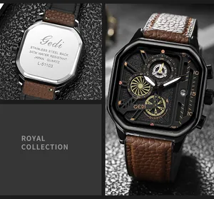 Détail d'une montre à quartz carrée avec bracelet en cuir marun et fond en acier