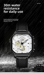 Vue détaillée de la montre à quartz étanche avec grand cadran blanc et bracelet cuir