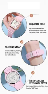 Détails d'une montre carrée à quartz avec bracelet en silicone rose et boîtier doré rose