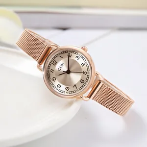 GEDI Luxury Fashion Women Quartz Watch Rose Gold Stainless Steel Mesh Band Round Dial Waterproof Minimalist Analog Wristwatch