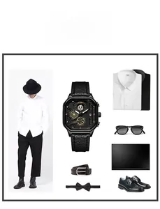 Vue détaillée de la montre à quartz GEDI pour homme avec bracelet en cuir noir et cadran carré
