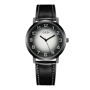 Men's retro quartz watch with black leather strap and grey gradient frosted dial