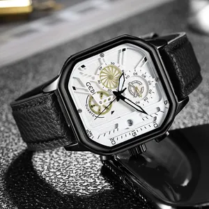 Montre business GEDI carrée en cuir noir avec cadran blanc et affichage chronographe
