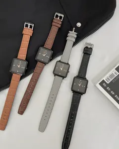 Minimalist square quartz watches with textured leather straps in four classic colors