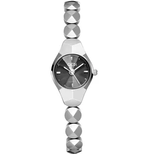 Elegant silver quartz watch for women with faceted geometric metal band and dark grey dial