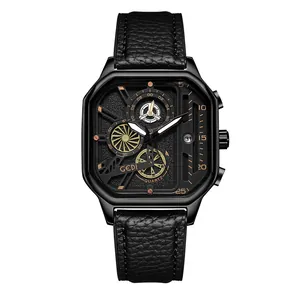 Montre à quartz étanche pour hommes avec bracelet en cuir noir et boîtier octogonal