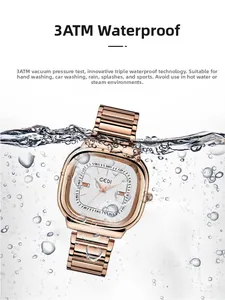 Waterproof square quartz watch for women with rose gold band and water splash detail