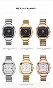 Matrix display of square quartz watches in gold, silver and rose gold with metal link bands