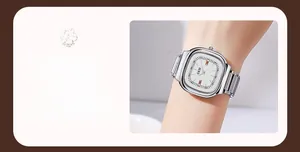 Detail of GEDI square dial watch with polished silver stainless steel link strap