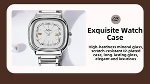 Detail view of square quartz watch with mineral glass and IP plating on steel case