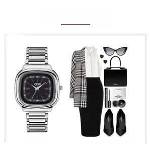 Minimalist square silver watch for women shown with stylish black fashion accessories