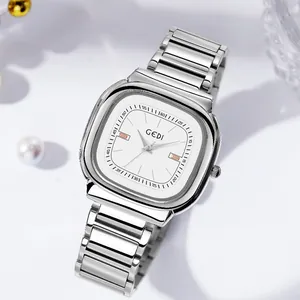 Elegant silver square stainless steel quartz watch for women with polished metal link band