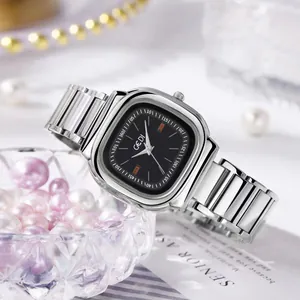 Minimalist square women's waterproof watch with silver steel band and black dial face