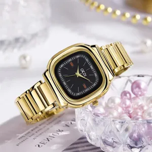 Elegant gold square quartz watch for women with black dial and polished metal strap