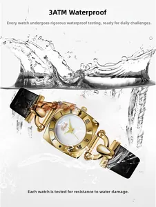 Detail of 3ATM waterproof square gold watch with Roman numerals and black leather strap