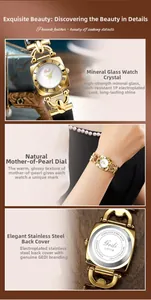 Detail of Gedi square watch with mother of pearl dial and mineral glass lens