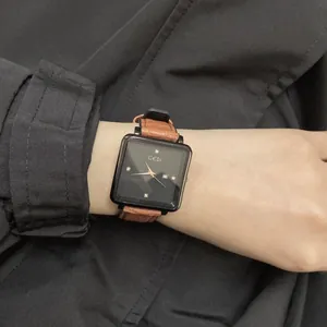 Elegant square face quartz watch with black dial and brown crocodile texture strap