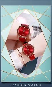 Detailed macro view of GEDI quartz watch featuring a red sunburst dial and gold hands