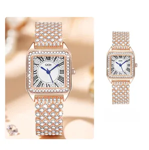 Macro shot of GEDI square fashion watch with rhinestone encrusted bezel and blue hands