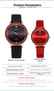Detailed specs table for quartz watch with leather strap and hardened glass lens