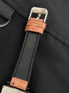 Women's square watch with brown crocodile texture leather and black silicone strap detail