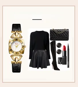 Elegant gold square quartz watch with black leather strap and stylish lifestyle accessories