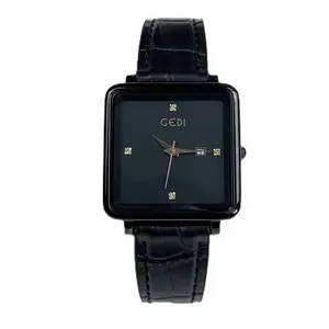 Square quartz watch with black crocodile pattern leather strap and minimalist diamond markers