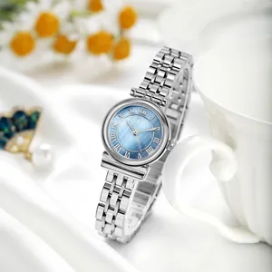 Silver quartz watch with blue roman dial on white silk with yellow flowers