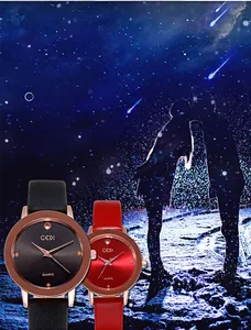 Close-up of GEDI quartz couple watches with black and red leather straps for lovers