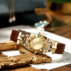 Vintage gold square quartz watch for women with brown leather strap and Roman numerals