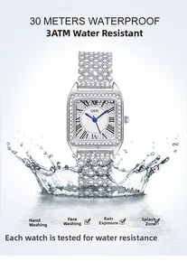 Silver square watch featuring a crystal dial and a 30M waterproof water splash effect