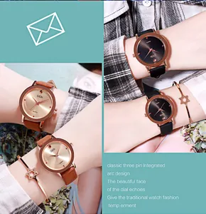 Detail view of quartz watch with leather strap and matching minimalist star bracelet set