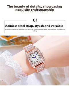 Detail of rose gold square watch with crystal-encrusted bezel and stainless steel strap