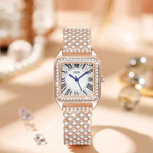 Luxurious rose gold square quartz watch for women with full diamond pavé and Roman numerals