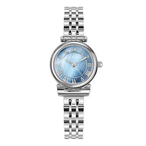 Detail of GEDI watch showing light blue mother-of-pearl dial and silver roman numerals