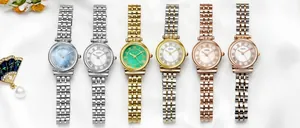 Row of elegant women's quartz watches with Roman numeral dials and steel bands