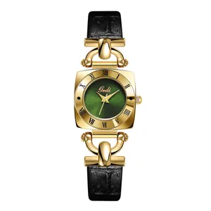 Elegant vintage square gold watch with green dial and black leather embossed strap