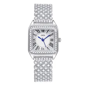 GEDI luxury silver square quartz watch with starry crystal dial and Roman numerals
