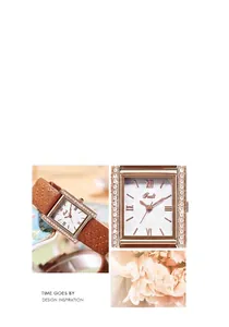 Detail of square rose gold watch with diamond bezel and quilted brown leather strap